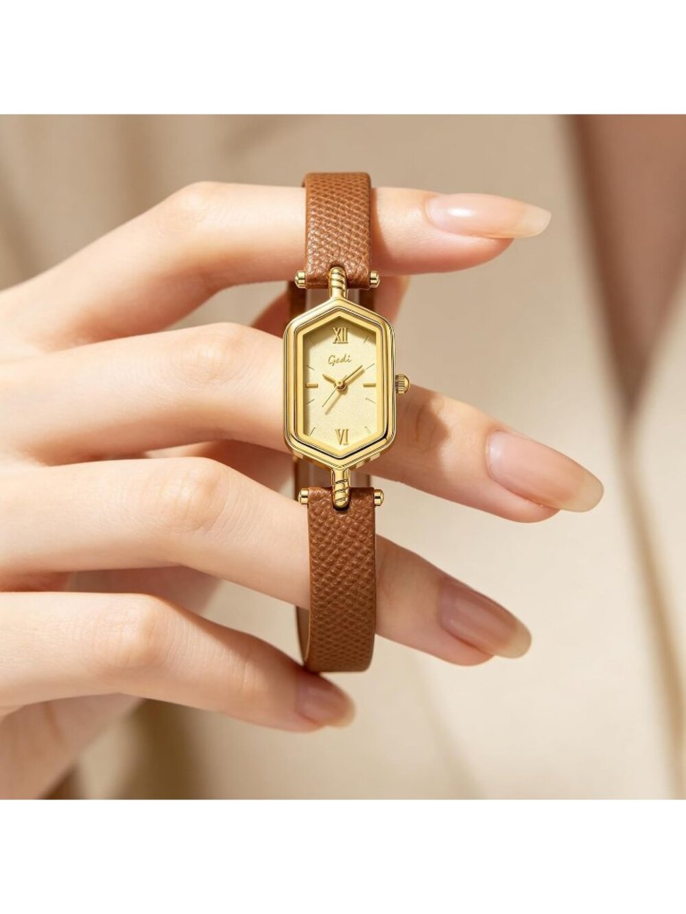 Women's Brown Gold Vintage Slim Leather Strap Bracelet Hexagon Case Wrist Watch - Picture 2 of 4
